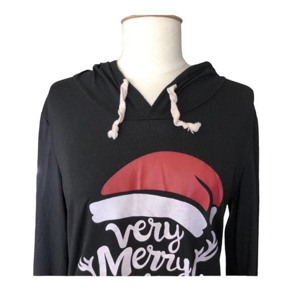 OverMal Holiday “Very Merry Christmas” Hooded Black Long Sleeve Tee, Size XS - Picture 2 of 9
